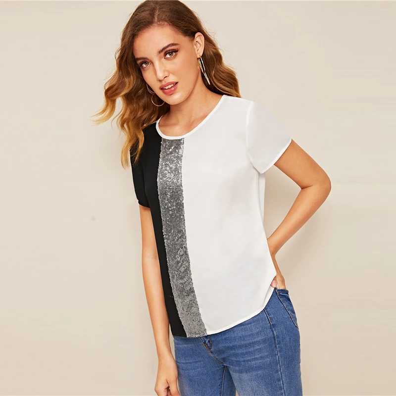 SweatyRocks Топ с блестками и контрастными цветными блоками, уличная одежда с коротким рукавом, летняя повседневная женская футболка в базовом стиле