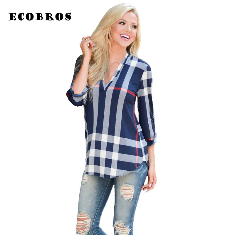 ECOBROS 2017 Новая Женщина Лето Футболка Мода Свободные V-образным Вырезом плед печать