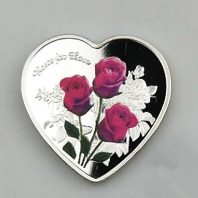 

10 pcs Non magnetic Forever love heart shaped coins red rose silver plated colored badge 40 mm souvenir commemorative coin