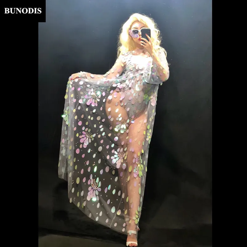 ZD301 Women Sexy Bodysuit & Long Sleeve Cloak Full Of Sprakling Colorful Sequins Nightclub Party Dancer Stage Wear Performance