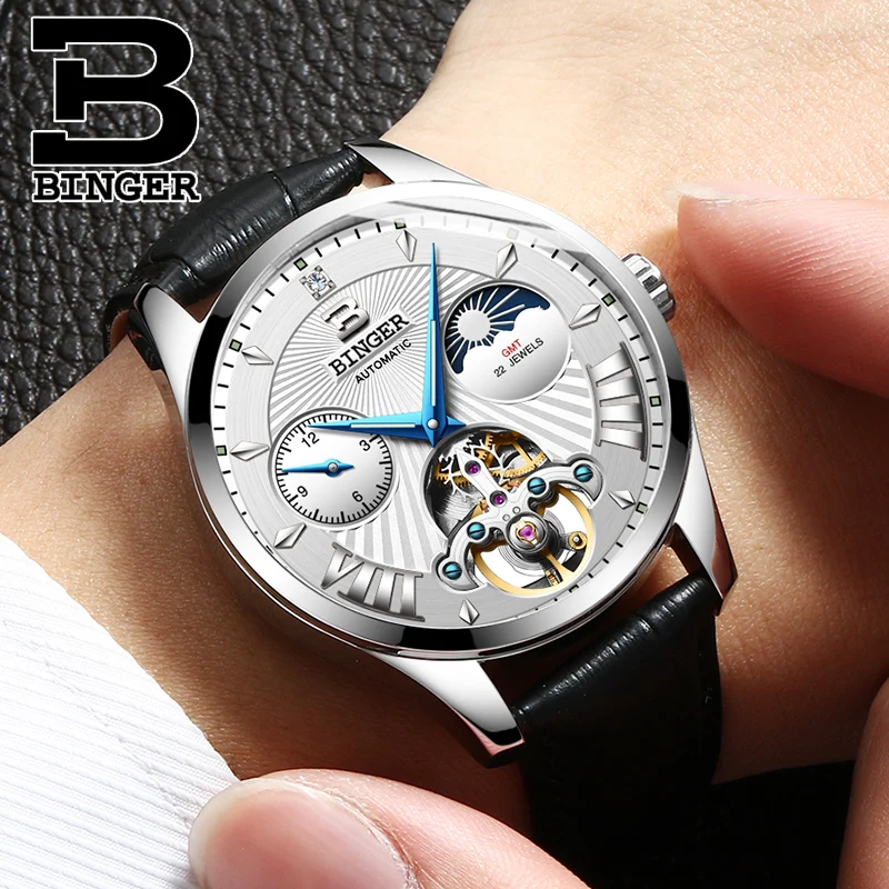 Мужские автоматические часы BINGER Tourbillon модные механические с сапфировым месяцем