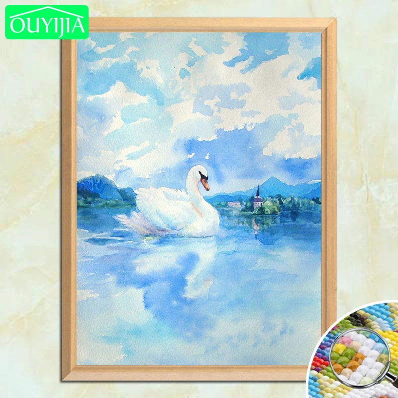

OUYIJIA 5D DIY Diamond Painting "White swan and small town" Full Square Diamond Embroidery Rhinestones Mosaic Decoration Picture