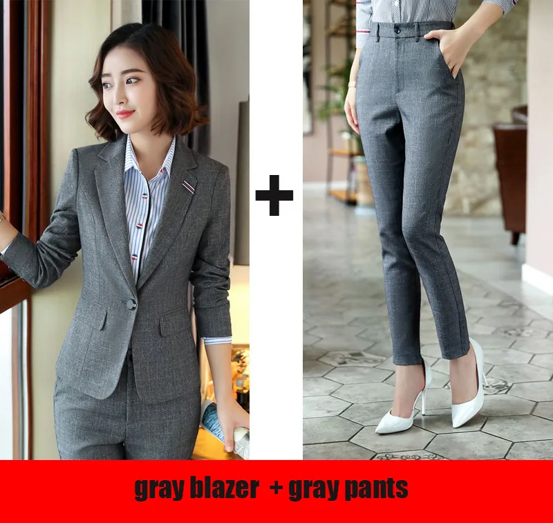 blazer and pants Элегантный тонкий серый женский брючный костюм Блейзер с воротником куртка и брюки-Карандаш Женский деловой костюм осень темперамент OL высокого качества - Цвет: blazer and pants