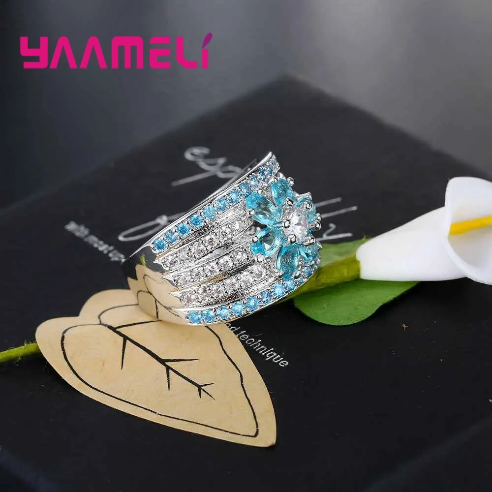 Brand Blue Stone Ornament With White Crystal Flower Shape 925 Sterling Silver Rings For Women Christmas Present | Украшения и