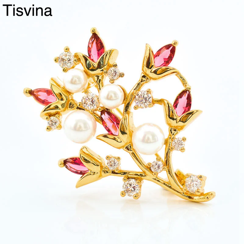 Tisvina 2018 новые аутентичные женские жемчужные красные хрустальные броши с букетом