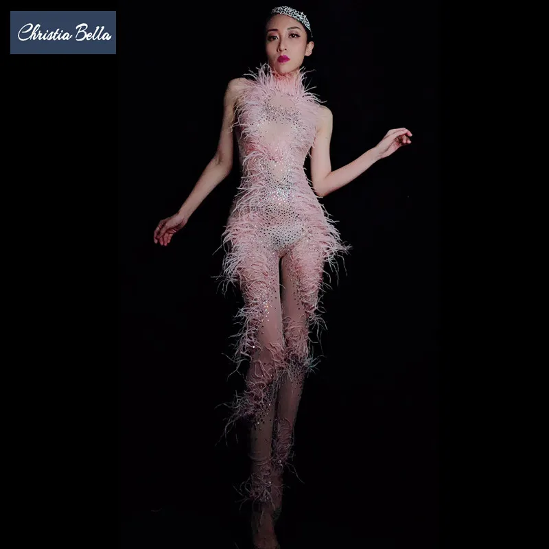 Sexy Stretch Mesh Perspective Party Jumpsuit Women See Through Rhinestone Feathers Rompers Nightclub Dance Stage Bodysuit