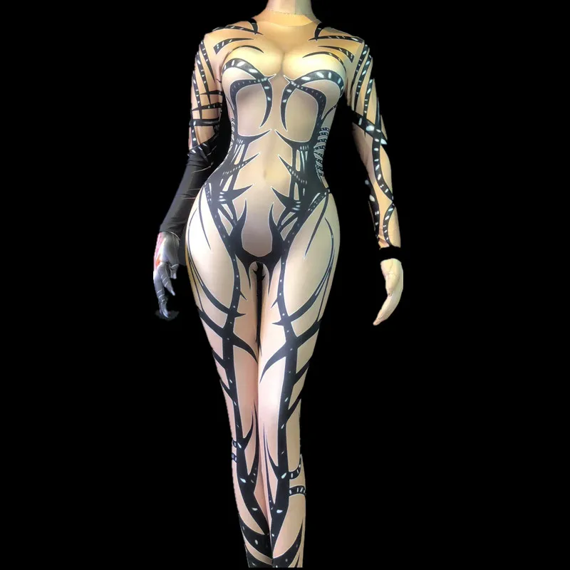 

Sexy Pattern Printed Jumpsuit Skinny Leggings Bodysuit Dancer Show Nigthclub Singer DJ Stage Printed Nude Jumpsuit for Women