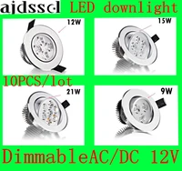 10pcslot bright recessed led dimmable downlight cob 9w 12w 15w 21w led spot light decoration ceiling lamp acdc12v
