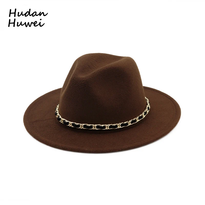 Для женщин Для мужчин Панама Джаз шерстяного фетра Fedora Hat с металлической цепью женские плоские края официальная Вечеринка шляпа Стадия Топ Шапки 11 цвета