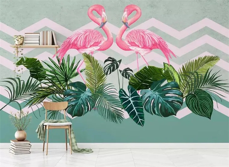 

Classic personality silk cloth wall paper Nordic minimalist tropical plants flamingo TV sofa background 3d wallpaper