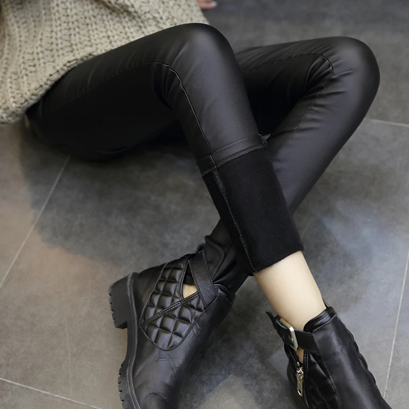 Autumn Winter Leggings Women Matt Leather Pants Sexy Thin Black Female High Waist Elastic Pencil Pants Pantalon Cuir Femme