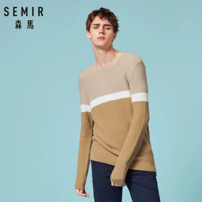 SEMIR мужской вязаный цветной свитер пуловер в рубчик с круглым вырезом и манжетами