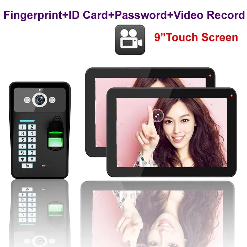 

New Arrival intercom 9" Touch Key Video Door Phone w/t Video Recording,1000TVL Outdoor Camera FingerprintPassword&ID Card unlock