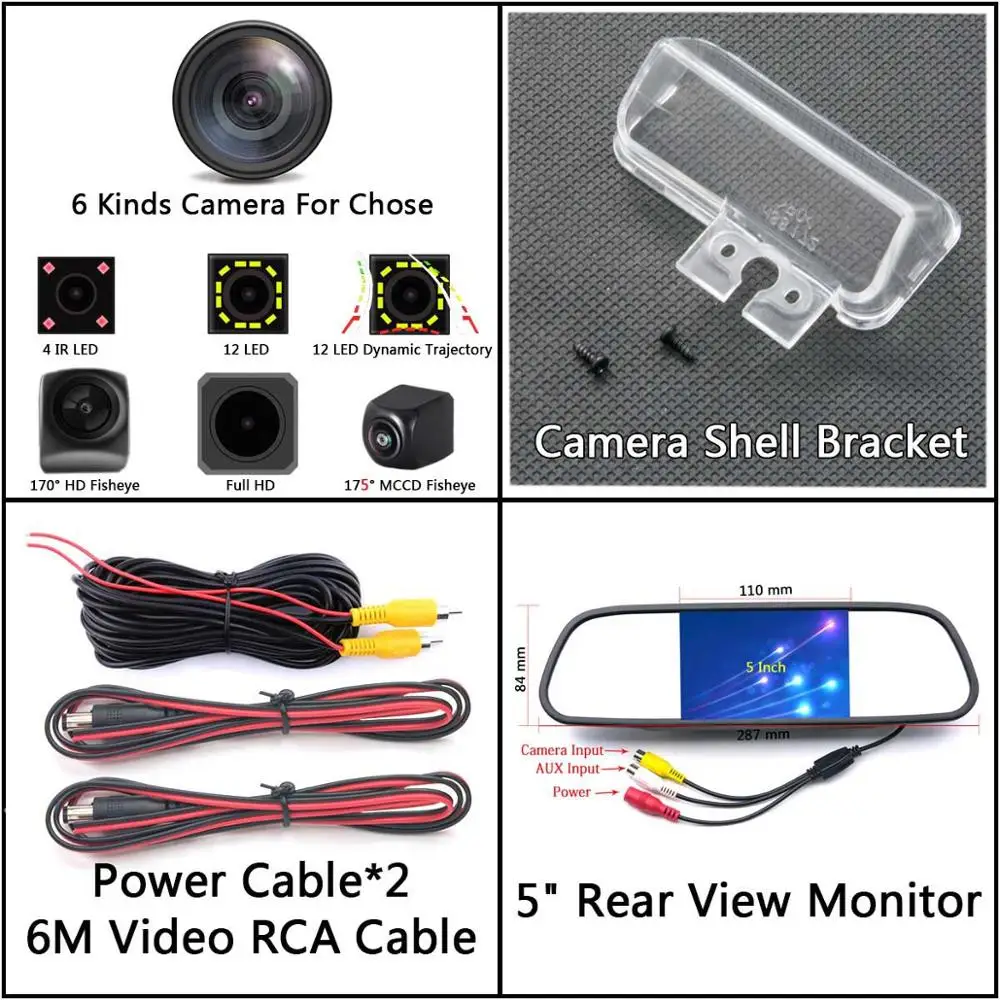Camera 5 inch Mirror 175 градусов MCCD рыбий глаз 12LED HD камера заднего вида для Toyota Camry Verso EZ 2012 Yaris Corolla Vios peugeot 206 207 307 407 - Название цвета: Camera 5 inch Mirror
