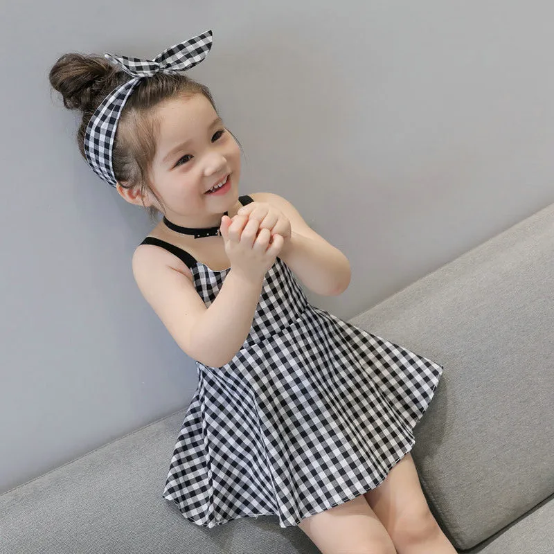 Free Shipping Fashion Kids Children Baby Girls Sweet Plaid Braces Dress Sleeveless Blackless Hot One Piece 2018 3-7Years |