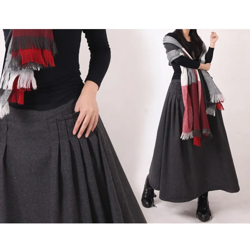 2018 Winter XXL Vintage Casual Wool Woolen a-line Pleated Maxi Skirts Womens / Retro Female Plissee a line Long skirt designs