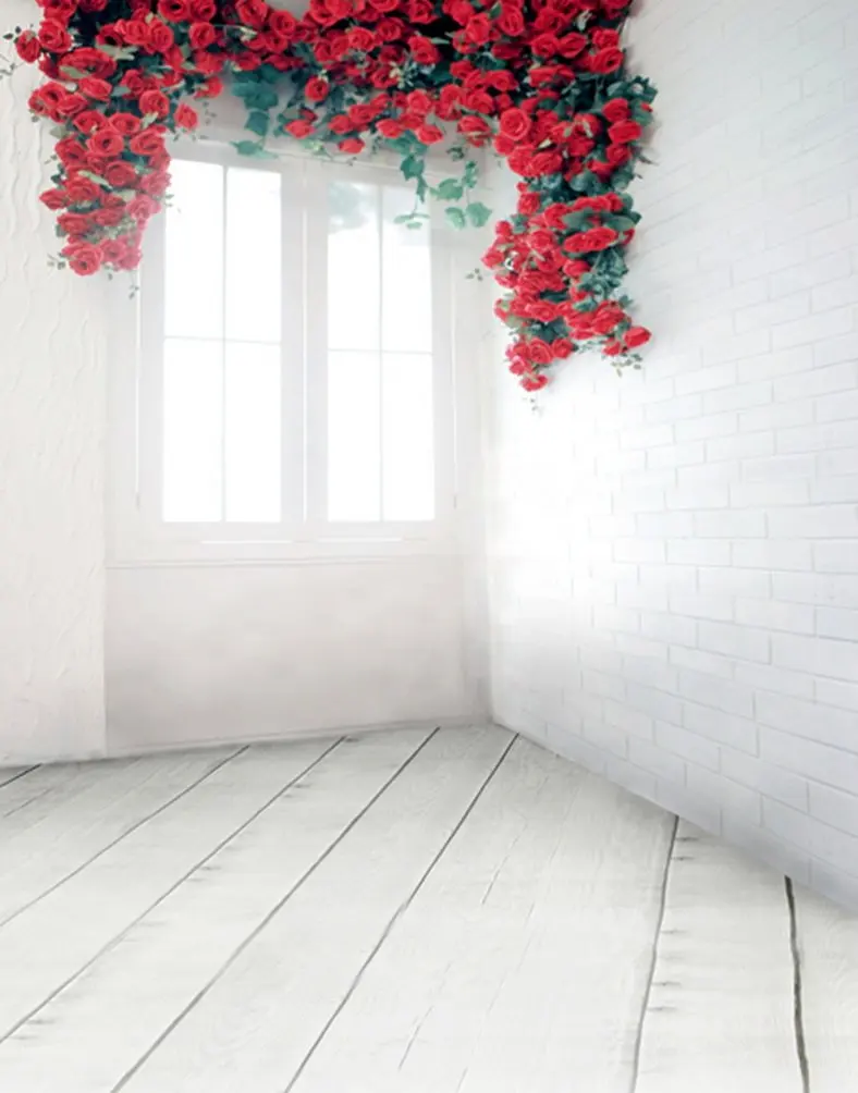 

5x7ft Wooden Floor Room Red Flowers Photography Backdrops Photo Props Studio Background