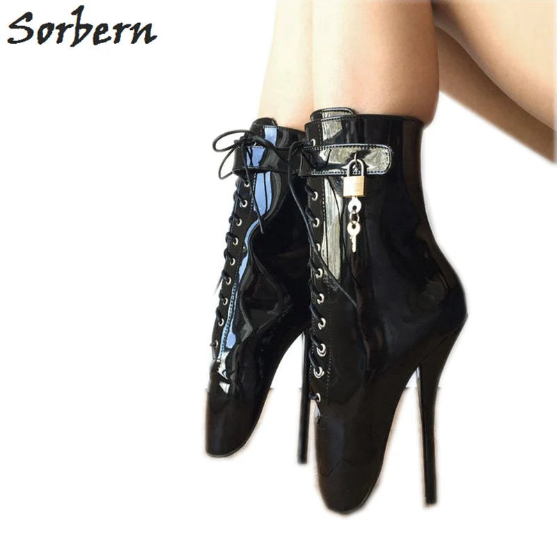 

Sorbern Black Patent Ballet Stilettos Boots Ankle High Women Shoes Cross Tied Lace Up Ladies Boots Big Size 44 Booties Runway