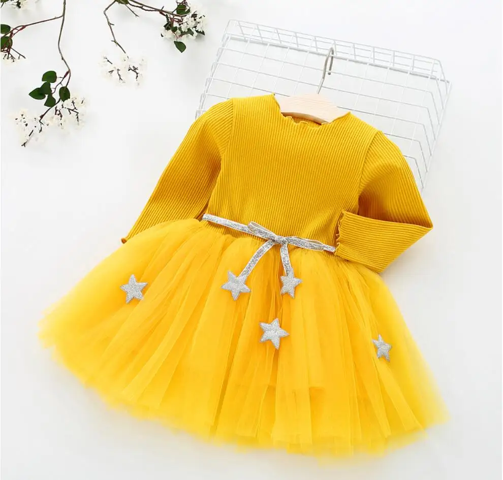 Newborn Kids Baby Girls Knitted Long Sleeve stars belt Lace Tutu Dress Clothes Children Casual Fashion Dresses Red Yellow Pink | Детская