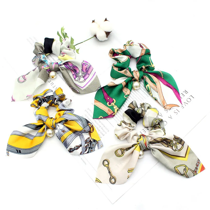

Women Pearl Satin Scrunchies Floral Print Ribbon Elastic Hair Band Rope Girls Headband Ponytail Tie Hair Accessories