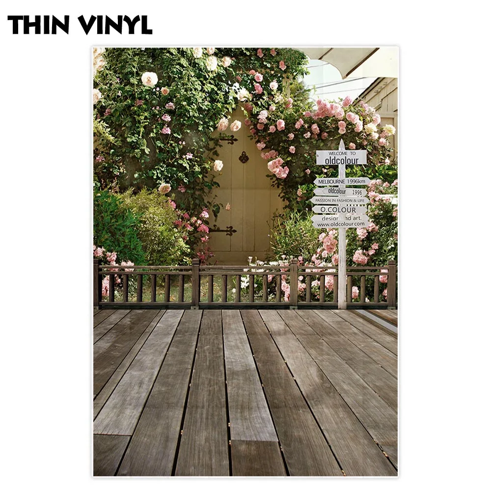 Фон для фотосъемки Allenjoy Весна забор цветочного сада дорожный знак деревянный пол