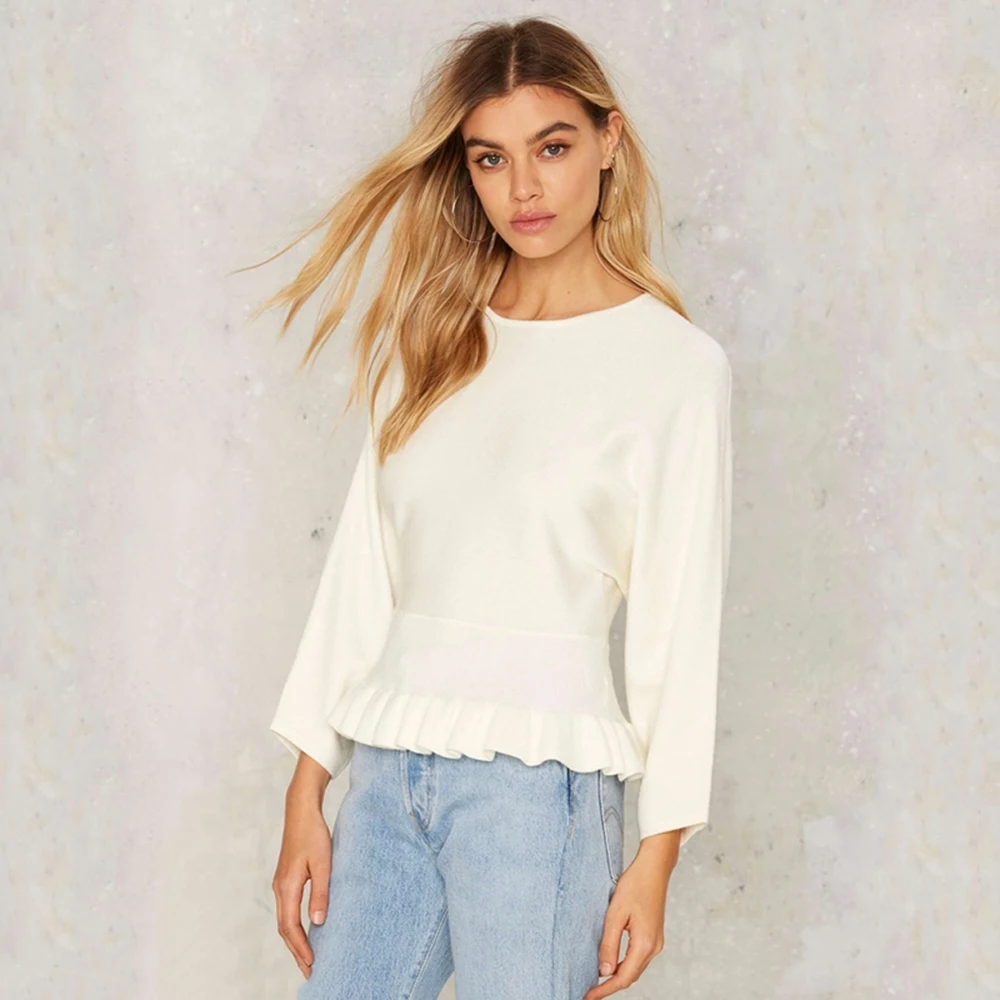 HDY Haoduoyi Solid White Women Sweaters Crew Neck Long Sleeve Ruffle Waist Brief Tops Streetwear Casual Sweet | Женская одежда