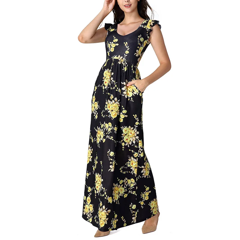 Black and Yellow Vfemage Женские Летние Плиссированные Свободные Простые повседневные пляжные вечерние платья макси трапециевидной формы с оборками и карманами 2951 - Цвет: Black and Yellow