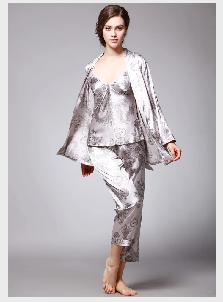 QWEEK Sexy Sleep Lounge 3 Pieces V-Neck Women Pajamas Set Elegant Print Long Sleeve Pyjamas Women Sleepwear Women Nightwear