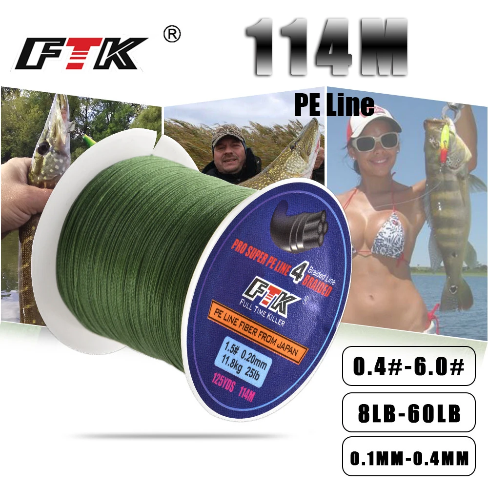 Плетеная рыболовная леска FTK 114 м 125 ярдов 4 нити PE 8 10 20 30 40 50 60LB провода японская