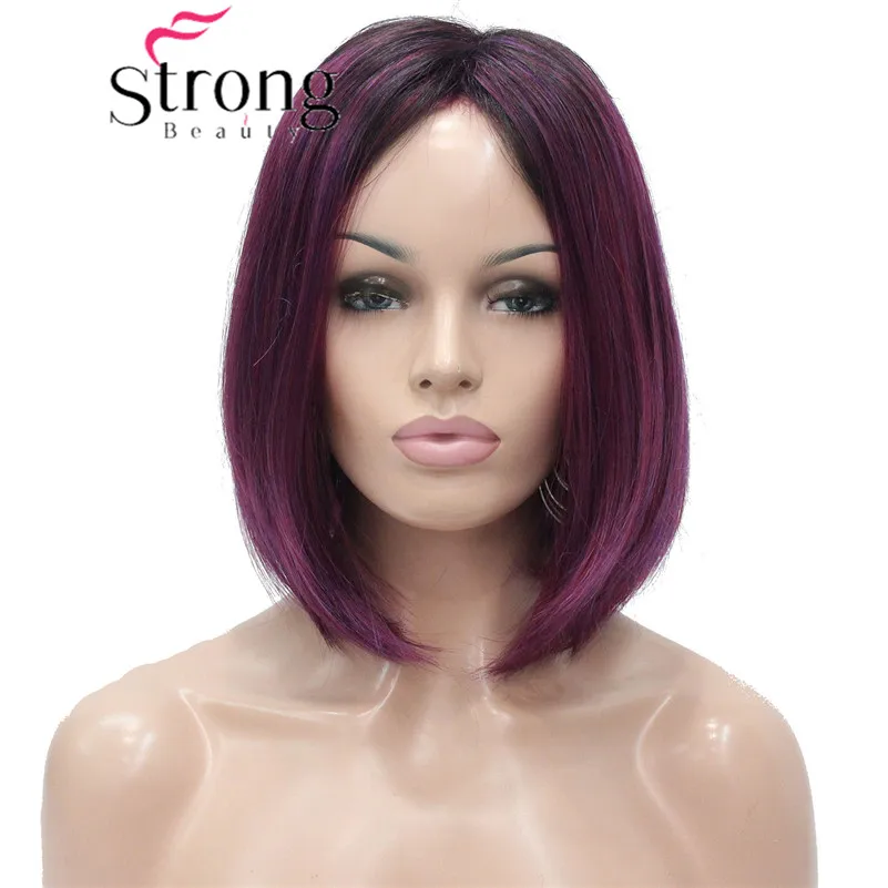 StrongBeauty угловой боб парик Омбре Глубокий фиолетовый темный корень полночная ягода синтетические волокна короткие парики