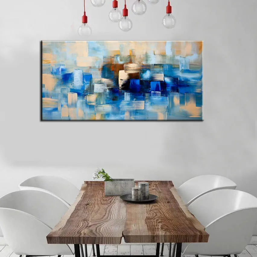 Большая абстрактная картина ручной работы с ножом в синюю сетку масляная Картина