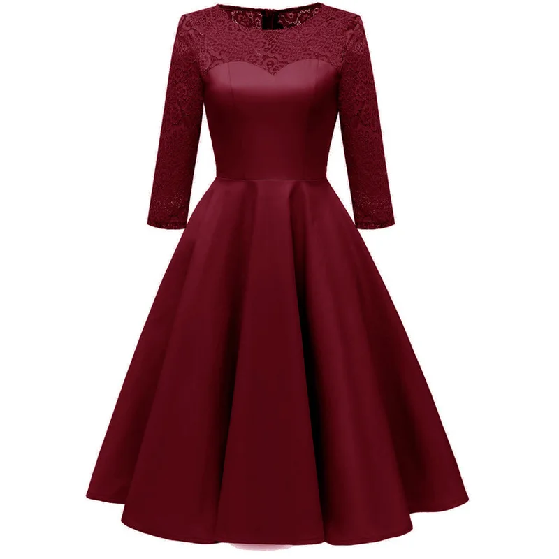 Vintage Lace A Line Ball Gown Women seven Quarter Sleeve O-neck Satin MIDI Party Dress Wedding Guest evening Dresses | Свадьбы и