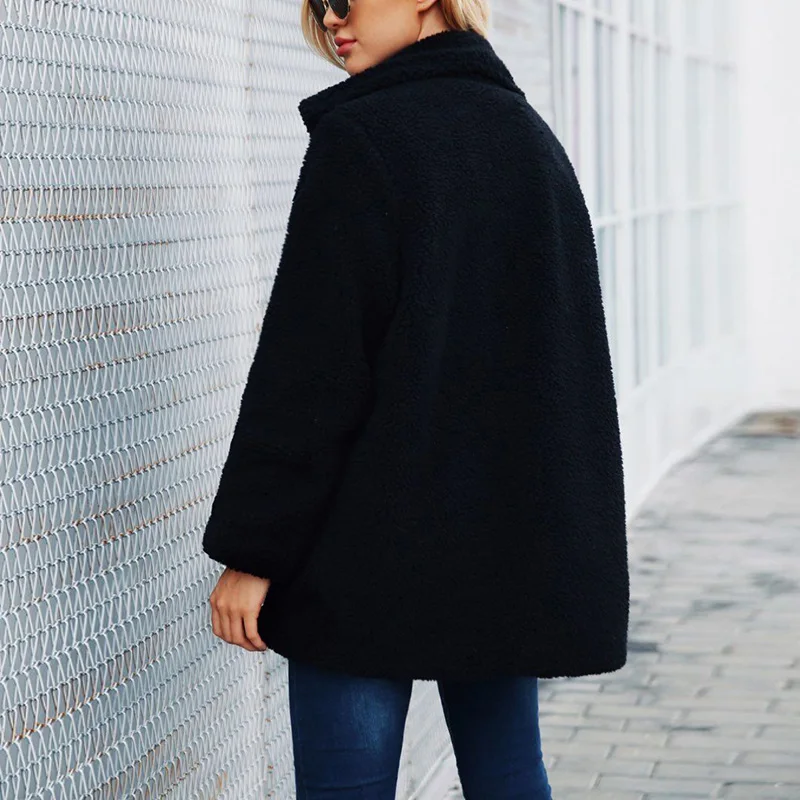 

Elegant Faux Fur Coat Women Autumn Winter Warm Soft Zipper Pockets Lamb Fur Jacket Female Overcoat Casual Outerwear 6Q2171