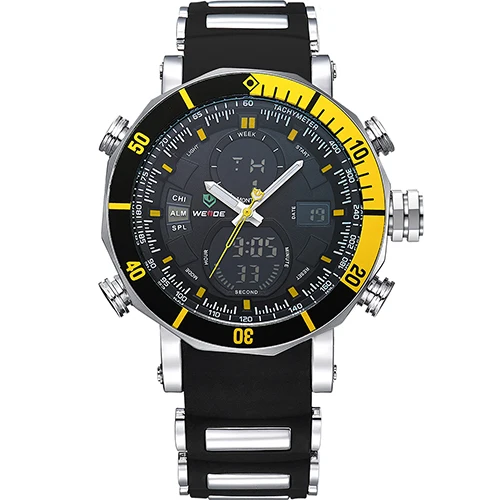 Yellow WEIDE Мужские Наручные Часы ЖКД Будильник Резиновый Ремешок Кварцевый Механизм Задняя Подсветка Секундомер Автоматическая Дата Двойной Дисплей Хронограф Цифровые Спортивные Электронные Армейские Часы - Цвет: Yellow
