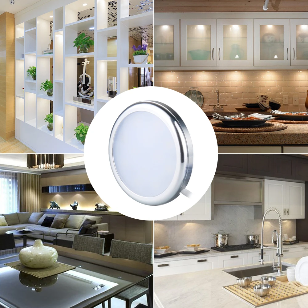 

Under Cabinet Light Wardrobe Lamp12V Aluminum Round Silver Cupboard Bookcase LED Closet Lighting For Kitchen Counter Puck Lights