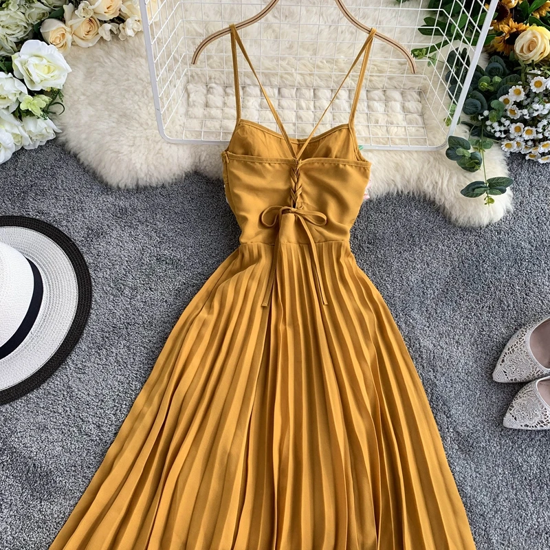 Женская клетчатая юбка плиссированное платье средней длины на бретельках лето