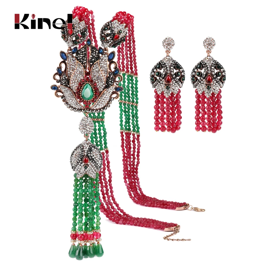 

Kinel Natural Stone Tassel Necklace Crystal Flower Drop Earrings For Women Vintage Jewelry Set Antique Gold Luxury Party Gift