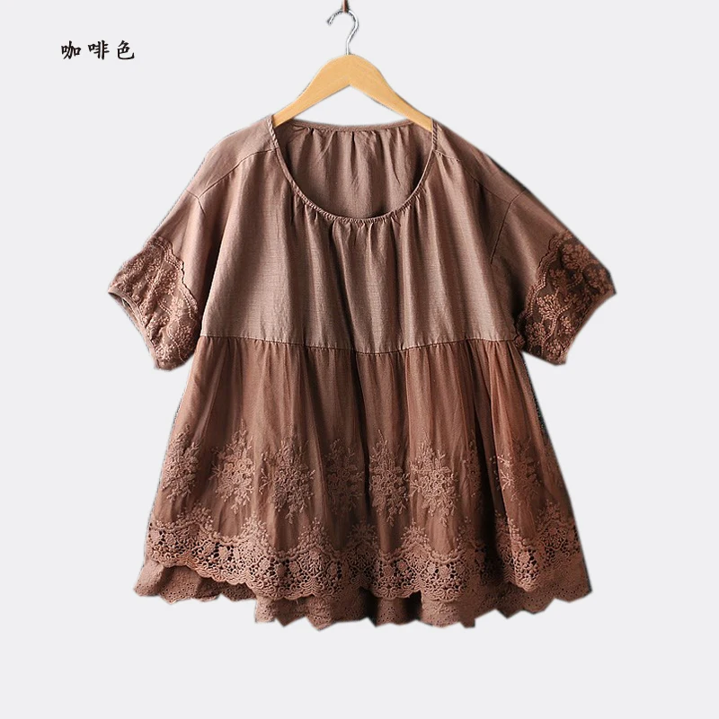 Lolita Water Soluble Lace Embroidery O-Neck Short Sleeve Doll Shirt Blouse Female | Женская одежда
