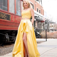 a line two pieces prom dress with pockets front split yellow satin special occasion party gowns robe de soiree celebrity gowns