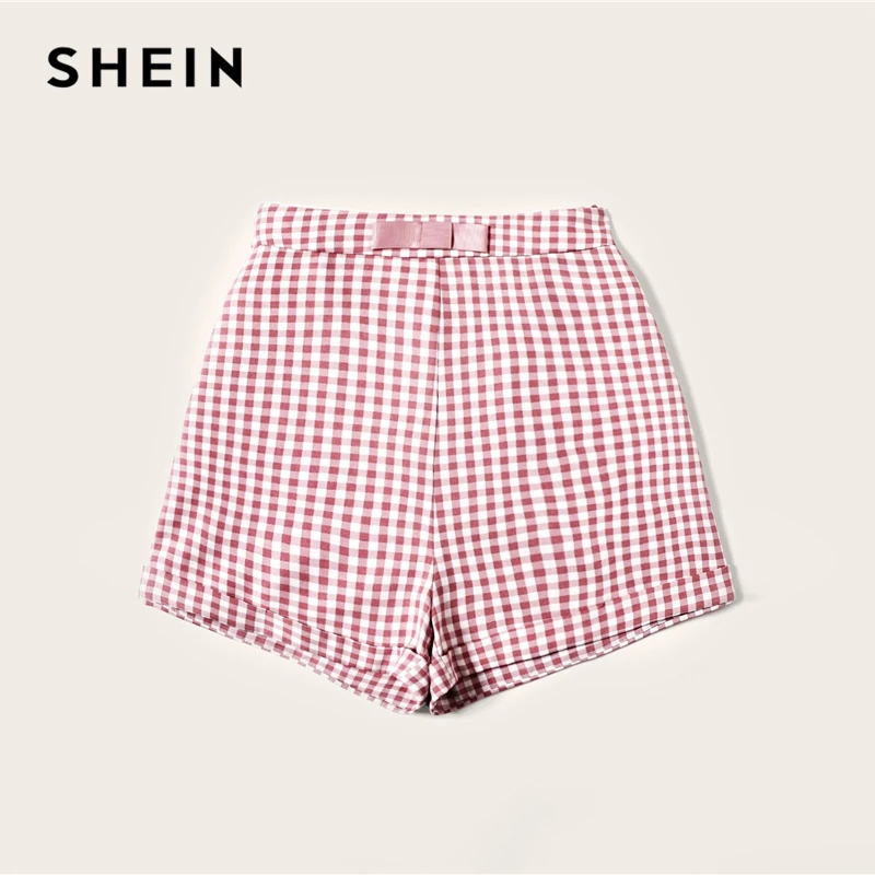 SHEIN винтажные разноцветные шорты с бантиком на талии, женские шорты на молнии, летняя коллекция, милые элегантные клетчатые шорты