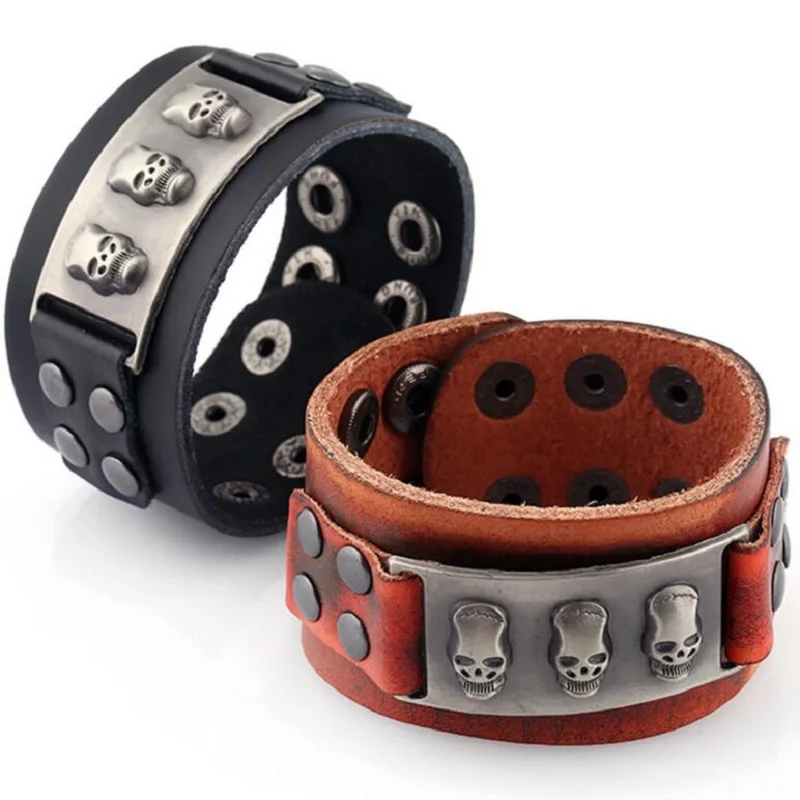 Для мужчин череп браслет 2017 в стиле панк рок Стиль широкий коричневая обертка