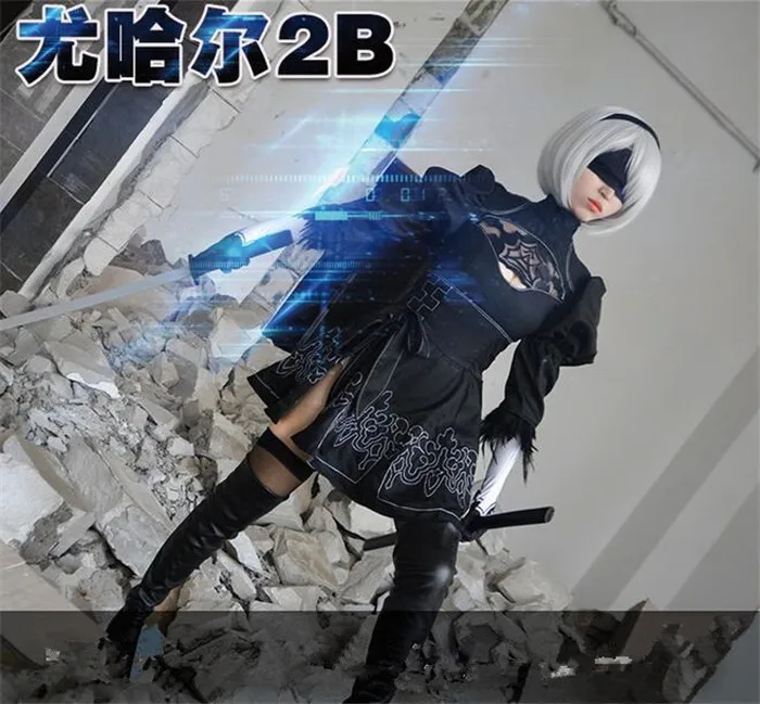Nier Automata Cosplay Shoes YoRHa 2B Knee Length PU Leather Boots Black High Heels Lace-up A432 | Тематическая одежда и