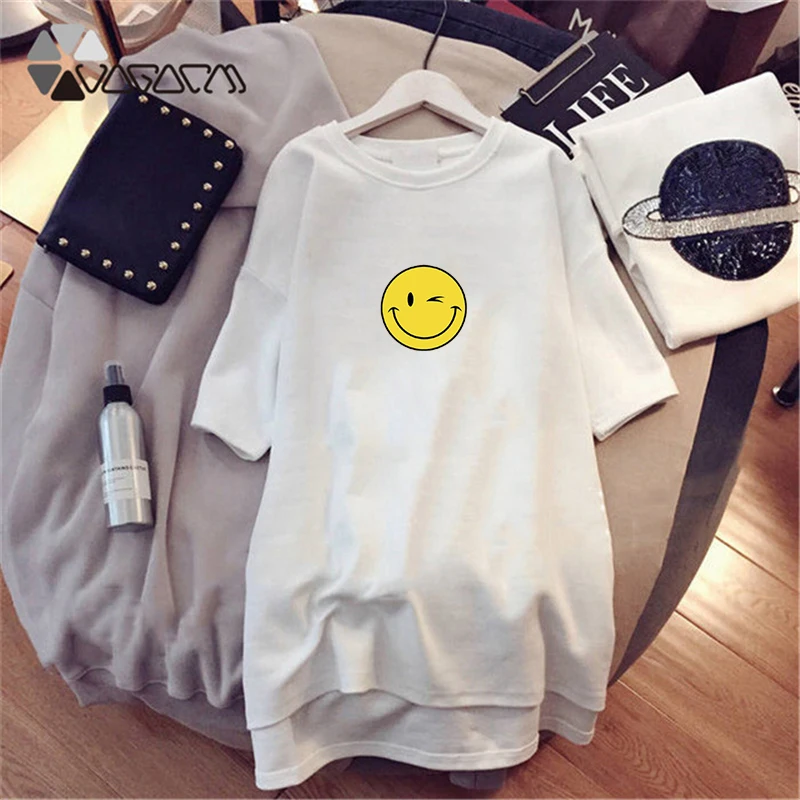

Summer Women Sleepwear Cute Smiley Face Nice Day Short Sleeve Nightgown Casual Loose Mini White Night Dress M-