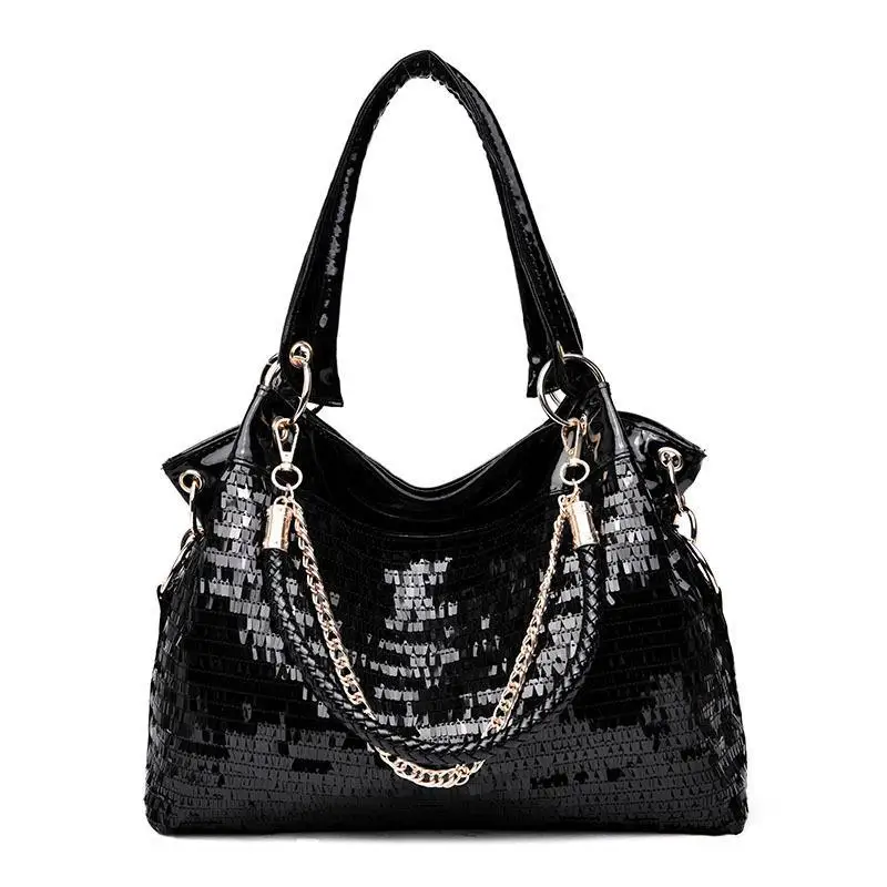 Black Leather Bags Новинка, черная лакированная кожаная сумка с блестками, Женская яркая вместительная сумка, Повседневная вместительная сумка через плечо, сумка на ремне - Цвет: Black Leather Bags