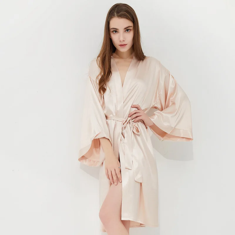 Женский Атласный халат с вышивкой FZSLCYIYI, элегантный шелковый халат с длинным рукавом, однотонный халат на весну и лето от AliExpress WW