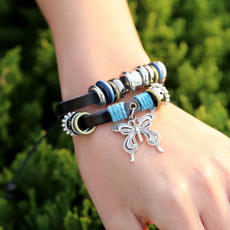 Модные кожаные браслеты с бабочками для женщин ювелирные изделия Boho плетеный