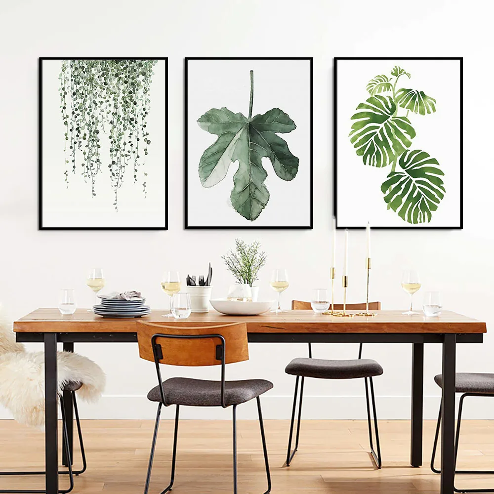 

Watercolor Green Plant Wall Art Canvas Still Life Leaves Poster Print Nordic Decoration Pictures for Living Room Metal Frame