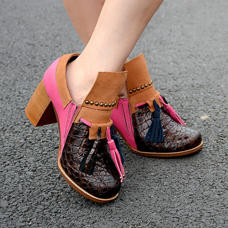 

Prova Perfetto Real Leather High Quality Gladiators Shoes Woman Mixed Color Single Shoe Women High Heel Ankle Boots Rivet Tassel
