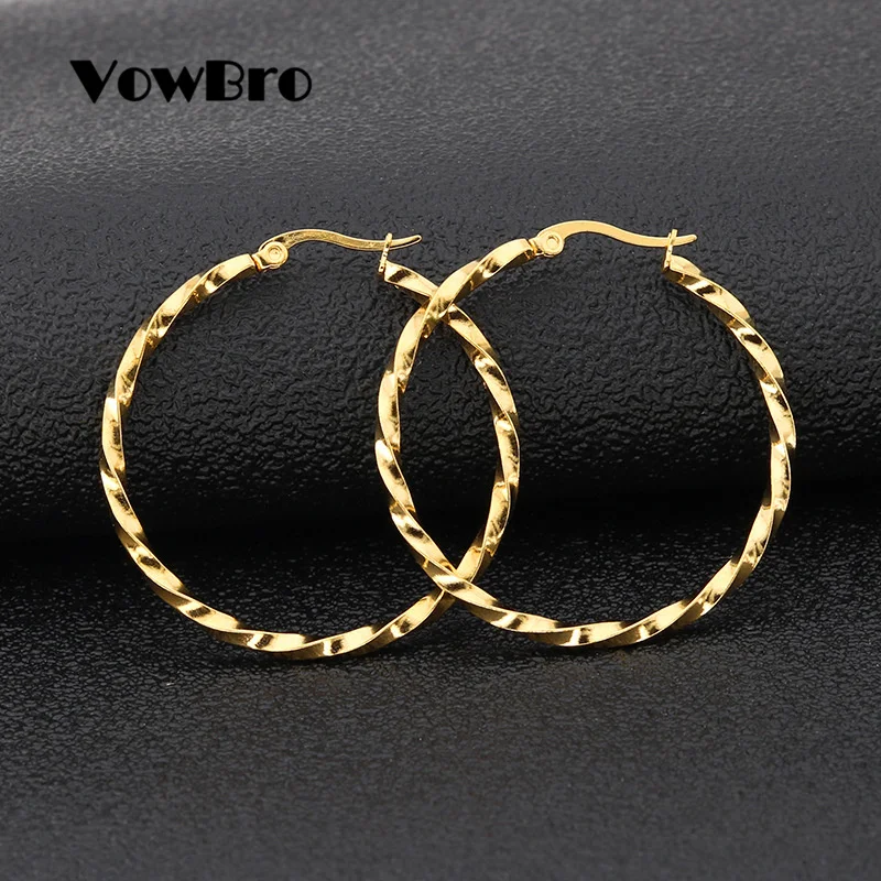 VowBro Girls Women Earrings 304 Stainless Steel Hoop Gold color Twist Round 15-60mm | Украшения и аксессуары