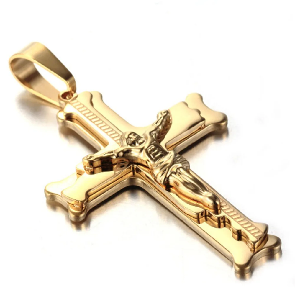 

High Quality Christian Jesus Cross Crucifix Pendant Necklace Stainless Steel Men's Gold Biker Jewelry Accessories Free Box Chain